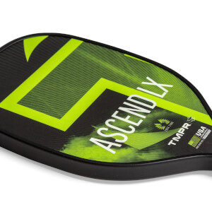Close-up of a black pickleball paddle with green Ascend LX branding and a USA Pickleball approved logo.