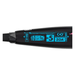 Close-up of a black baseball bat with blue text including ZOA, -5, and DEMARINI.