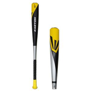 Side view of a black and yellow baseball bat with EASTON text and a textured grip.