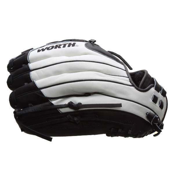 Side view of a black and white softball glove with WORTH logo and stitched finger stalls.