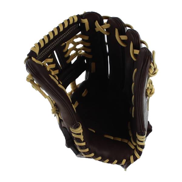 Top-down view of a brown baseball glove with tan lacing and a deep pocket.
