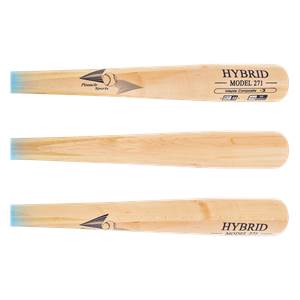 Multiple views of a natural wood baseball bat with a light blue handle dip, HYBRID - MODEL 271 text, and Pinnacle Sports logo.