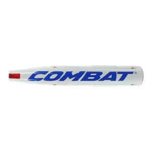 Side view of a white baseball bat with blue COMBAT lettering and red accents.