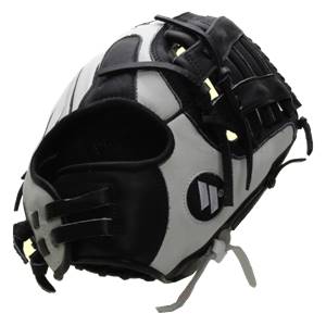 Side view of a black and white softball glove with a white logo and adjustable straps.
