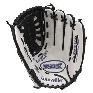 Front view of a white and black Louisville Slugger fastpitch glove with Bruise-Gard Padding and TPS logos.