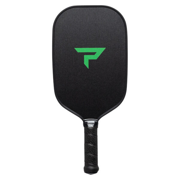 Front view of a black pickleball paddle with a green P logo and textured grip.