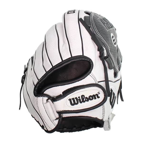 Top-down view of a white softball glove with black lacing and a Wilson logo.