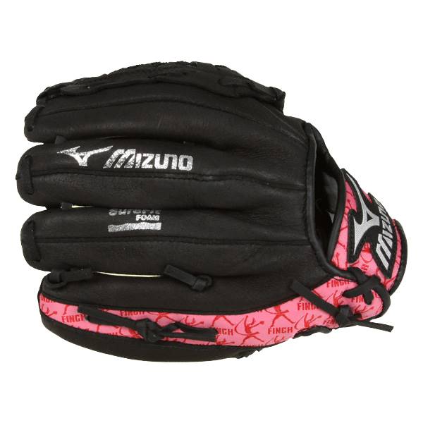 Side view of a black youth baseball glove with pink FINCH pattern and Mizuno logo.