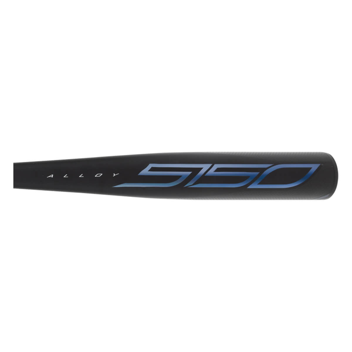 Side view of a black baseball bat with blue 5150 logo and ALLOY text.