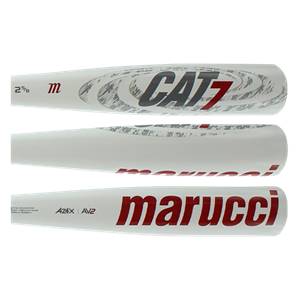 Side view of a white baseball bat with red marucci and CAT 7 branding.