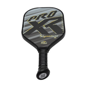 Front view of a black pickleball paddle with PRO X and Signature 16 text, and a QR code on the handle.