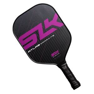 Top-down view of a black pickleball paddle with purple SLK logo and ATLAS GRAPHITE text.