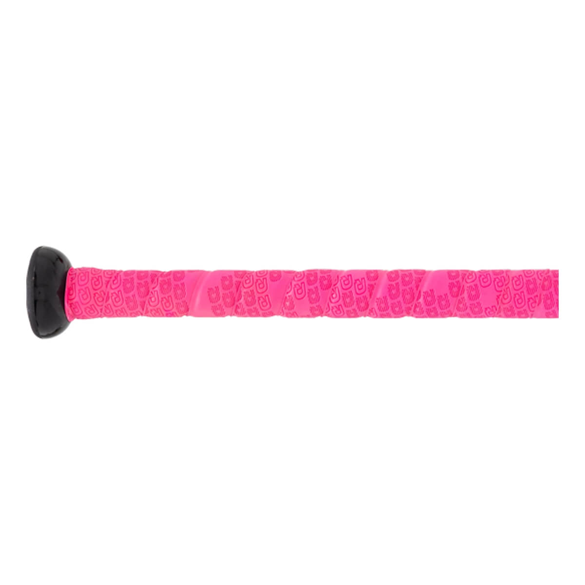 Side view of a pink baseball bat grip with a repeating pattern and a black end cap.