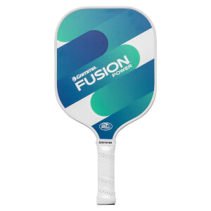 Front view of a white pickleball paddle with a blue and green gradient design, GAMMA FUSION POWER text, and a white perforated grip.