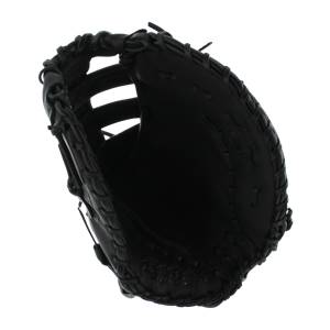 Interior view of a black first base mitt with a deep pocket and braided lacing.