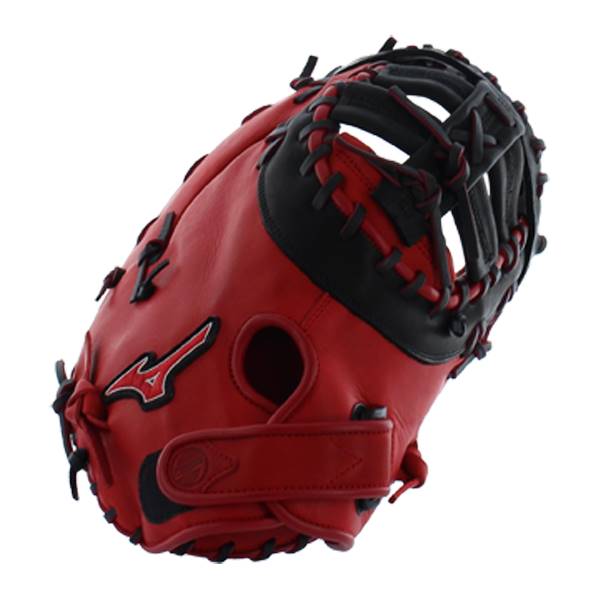 Corner view of a red and black first base mitt with Mizuno logo and black lacing.
