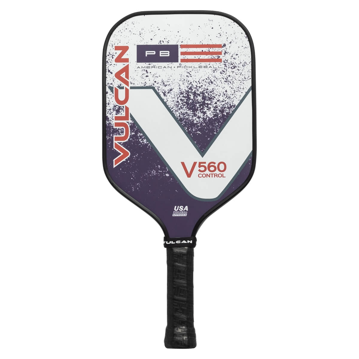 Front view of a white and purple pickleball paddle with VULCAN branding, a V560 CONTROL logo, and an American flag graphic.