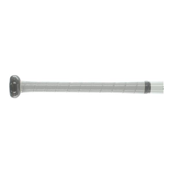 Side view of a white baseball bat with a gray grip and black end cap.