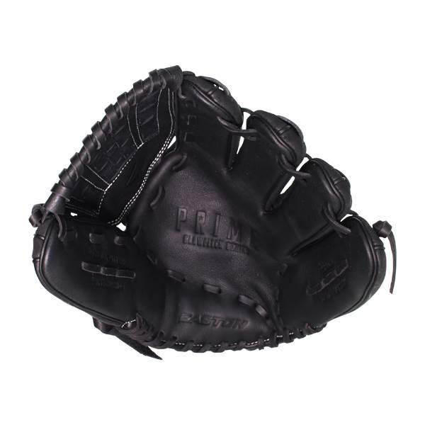 Top-down view of a black softball glove with PRIME and EASTON embossed on the leather.