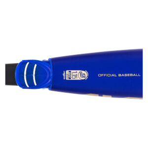 Close-up of the blue flared handle with white stripes and barrel featuring the USSSA logo, 1.15 BPF mark, and the text OFFICIAL BASEBALL.