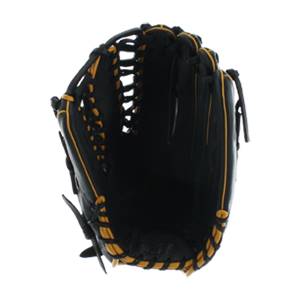 Front view of a black baseball glove with yellow stitching and a deep pocket.