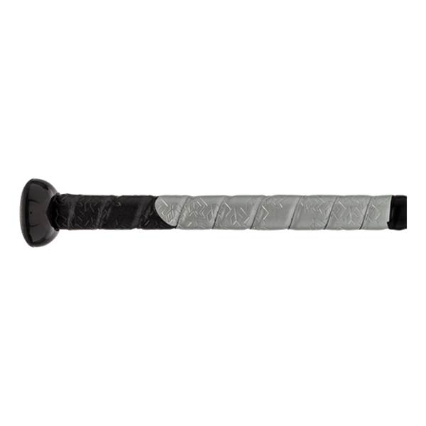 Side view of a black and silver baseball bat with a two-tone textured grip.