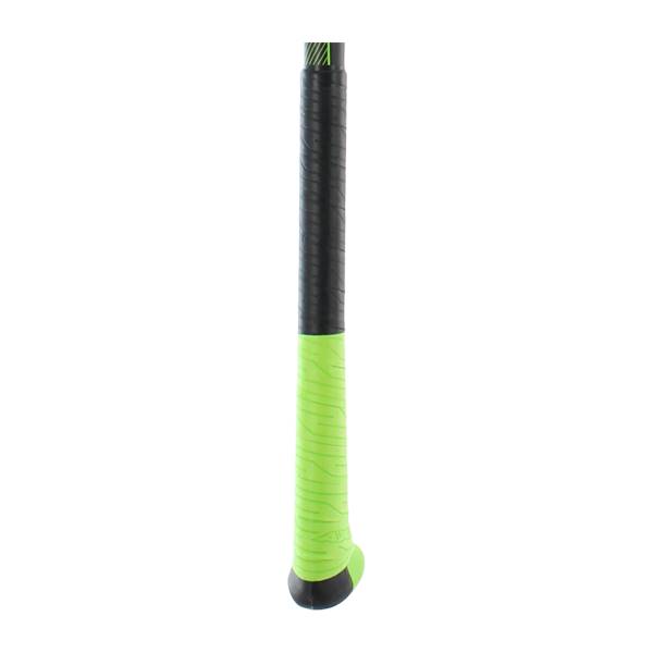 Close-up of a black and lime green baseball bat grip with textured pattern.