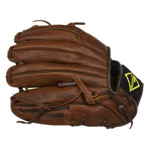 Side view of a brown leather baseball glove with All Top Grain Leather and DESIGN text.