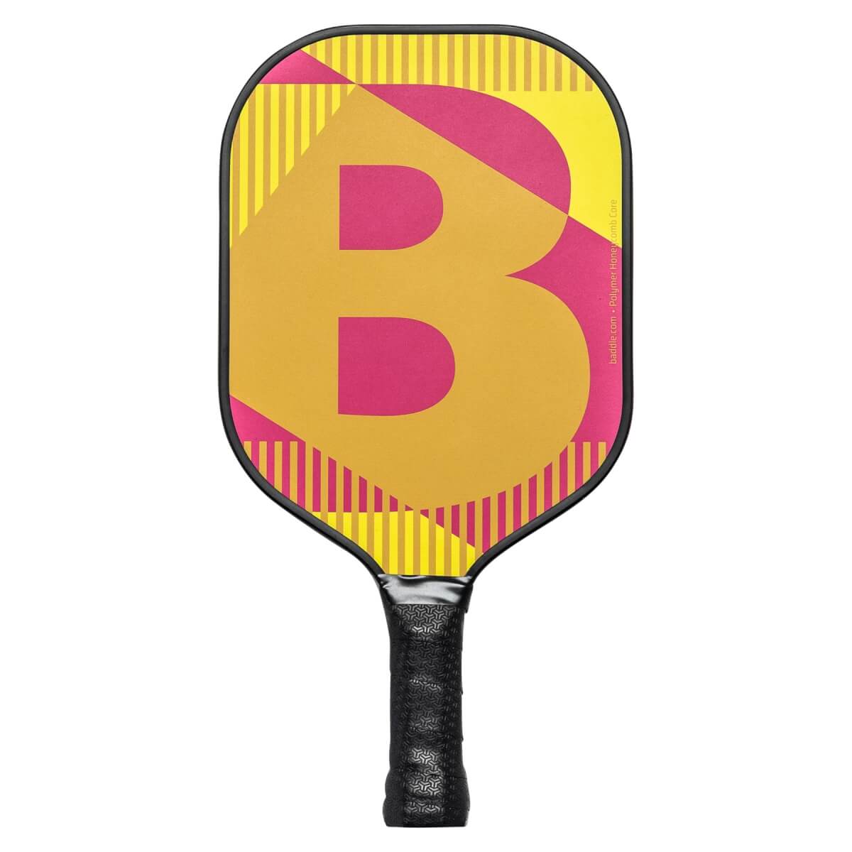 Front view of a yellow and pink pickleball paddle with a large B graphic and striped accents.