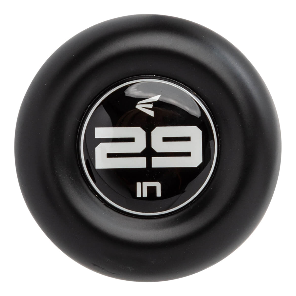 End cap view of a black baseball bat with a white Easton logo and 29 IN text.