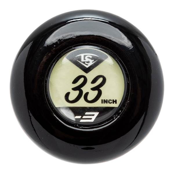End view of a black baseball bat with a 33-inch label and LS logo.