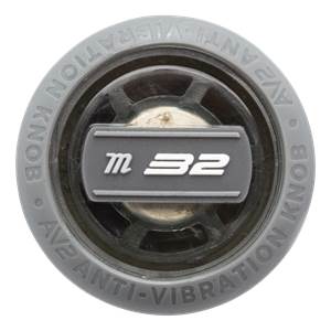 Top-down view of a gray baseball bat knob with AV2 ANTI-VIBRATION KNOB text and m 32 logo.