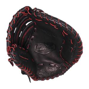 Top-down view of a black first base mitt with red stitching and Rawlings branding.