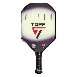 Front view of a white pickleball paddle with VIPER and TOPP logos, and a purple gradient edge.