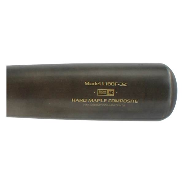 Side view of a dark brown baseball bat with Model L180F-32, HARD MAPLE COMPOSITE, and 50 visible.