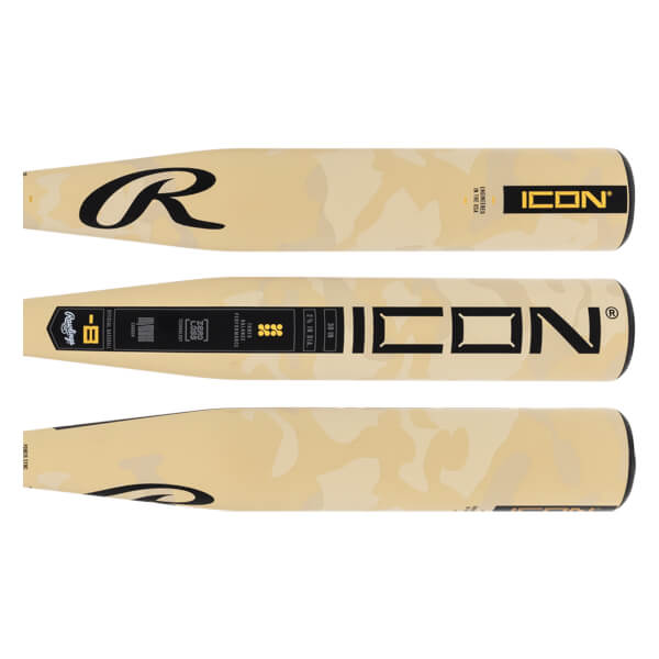 Top-down view of a tan camouflage Rawlings Icon baseball bat with black Rawlings logo and ICON text.