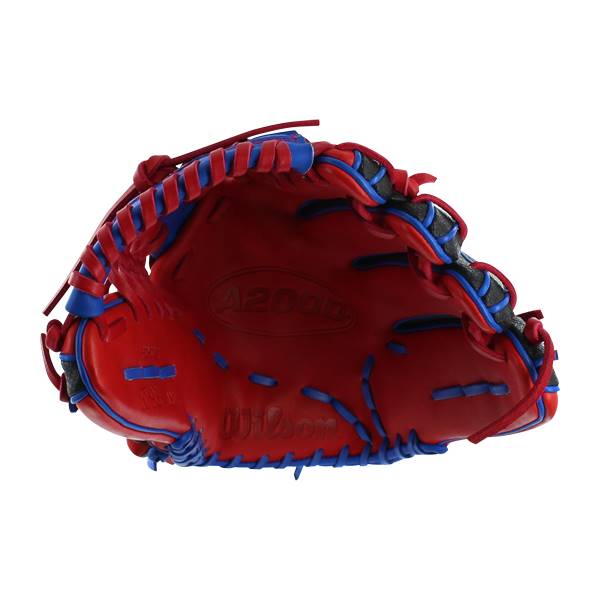 Top-down view of a red baseball glove with blue lacing, A2000 embossed, and Wilson logo.