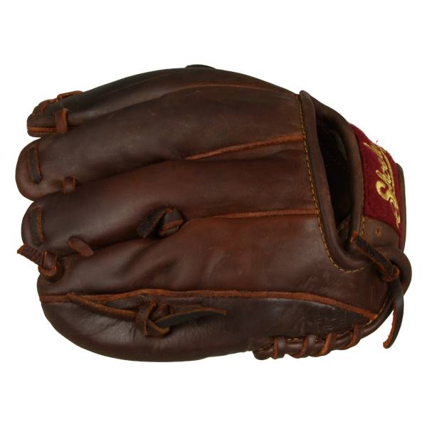 Top-down view of a brown baseball glove with red and gold Shoeless Joe branding.