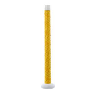 Side view of a yellow softball bat with a white knob and textured grip.