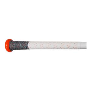 Side view of an orange and white baseball bat with a textured grip and diamond pattern.