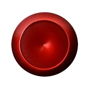 Top-down view of a red baseball bat end with a concave center and metallic finish.
