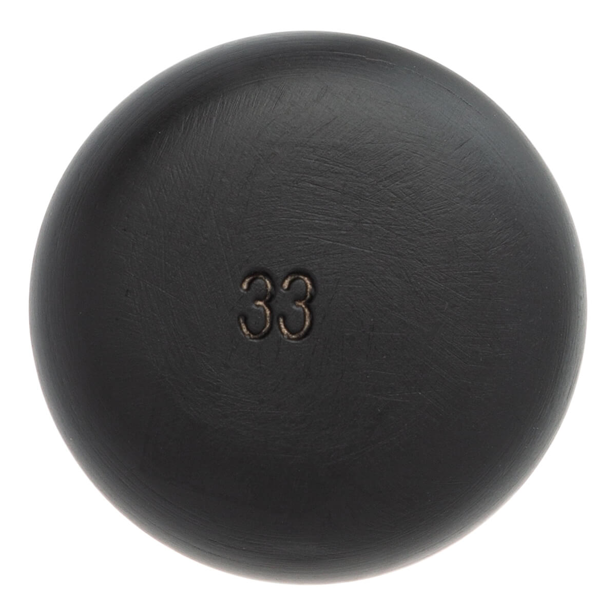 Close-up view of the round, black bat knob featuring the number 33 engraved in the center.