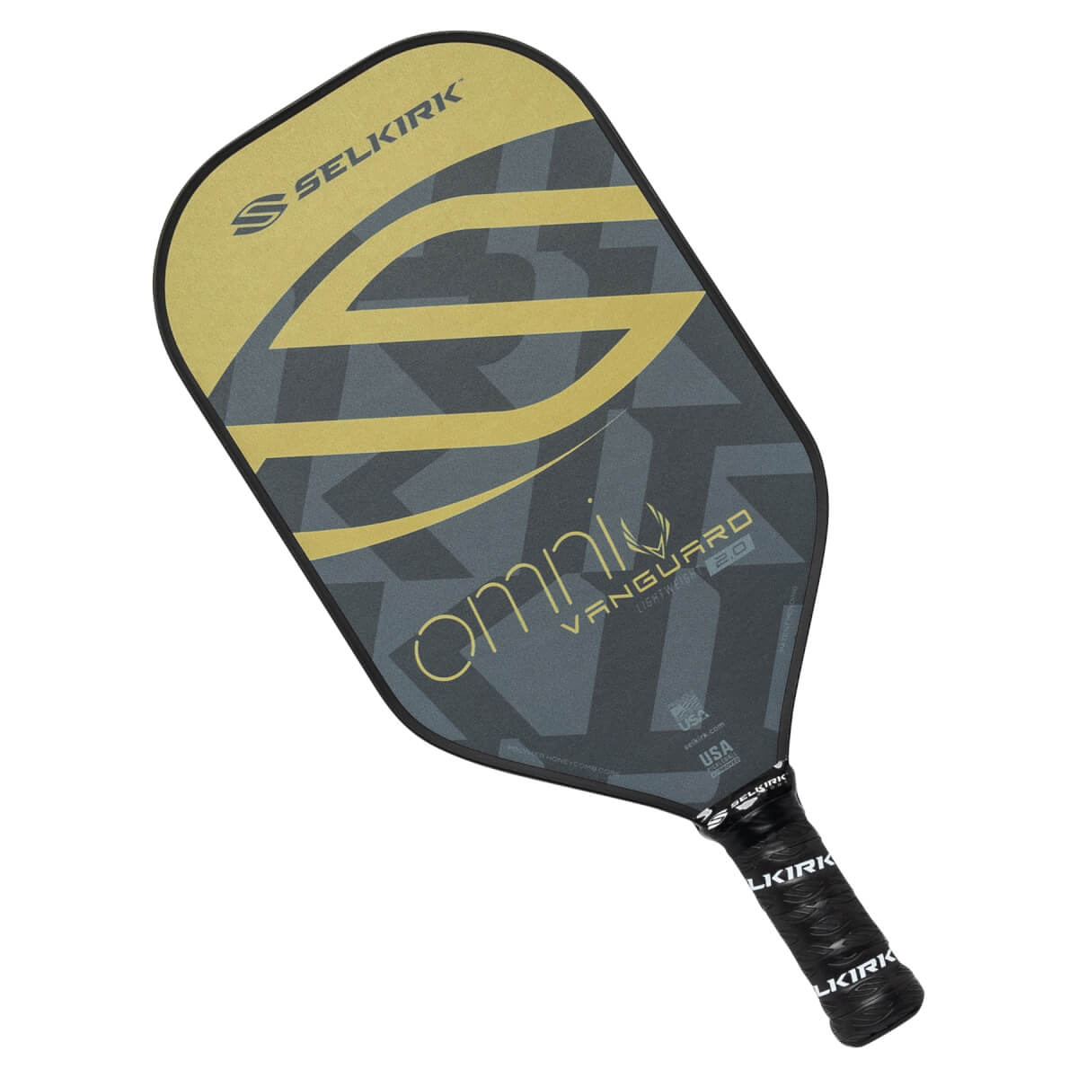 Top-down view of a grey and gold pickleball paddle with Omni and Vanguard 2.0 text.
