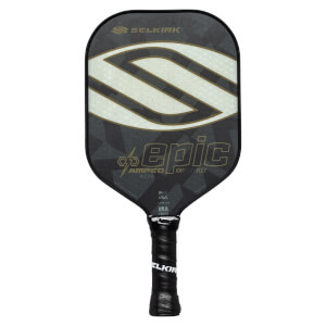 Front view of a black Selkirk pickleball paddle with a large white S graphic, epic text, and black grip.