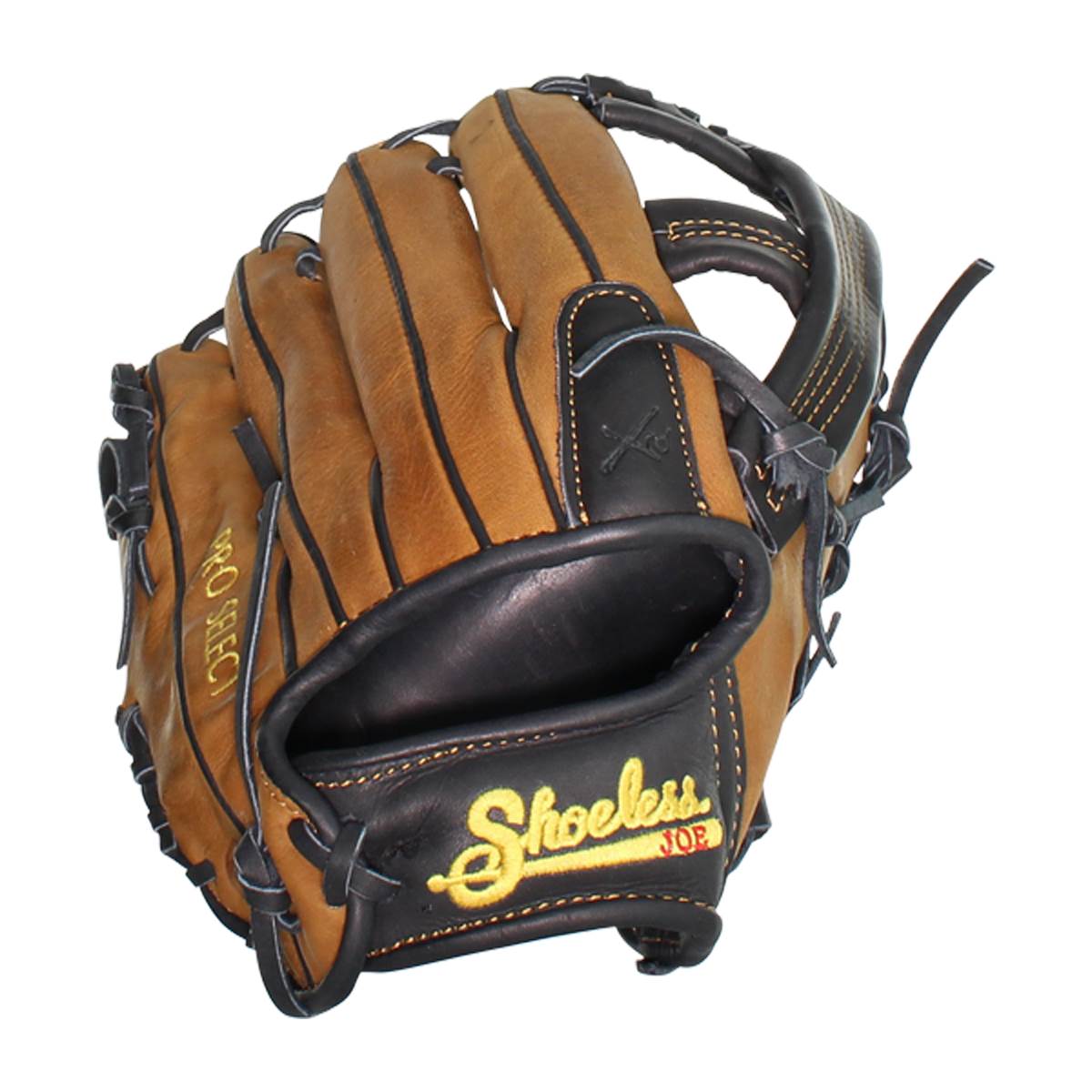 Top-down view of a brown and black baseball glove with PRO SELECT and Shoeless JOE branding.