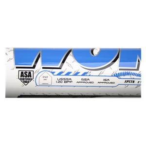 Close-up of a white and blue softball bat with ASA, USSSA, NSA, and ISA certifications.