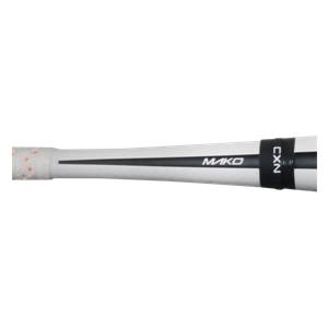 Side view of a white baseball bat with black MAKO and CXN branding.