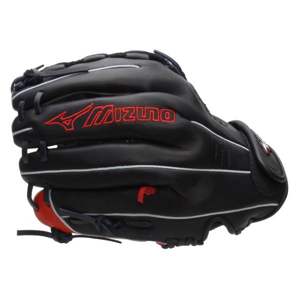 Side view of a black baseball glove with red Mizuno branding and white stitching.