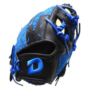 Corner view of a black and blue baseball glove with a large embroidered D logo and blue lacing.