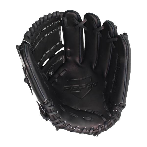 Top-down view of a black baseball glove with white stitching and a debossed PBPRO logo.